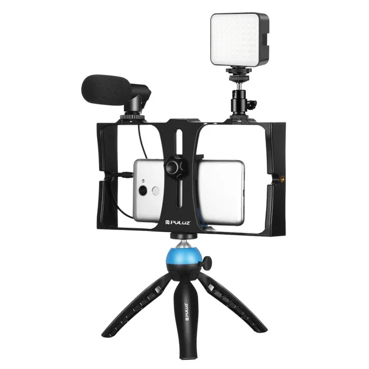 Kit d'éclairage LED 4 en 1 PULUZ pour vlogging, diffusion en direct et selfies, avec microphone, trépied et griffe porte-accessoires, compatible iPhone, Galaxy, Huawei, Xiaomi, HTC, LG, Google et autres smartphones.