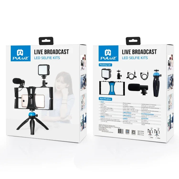 Kit d'éclairage LED 4 en 1 PULUZ pour vlogging, diffusion en direct et selfies, avec microphone, trépied et griffe porte-accessoires, compatible iPhone, Galaxy, Huawei, Xiaomi, HTC, LG, Google et autres smartphones.