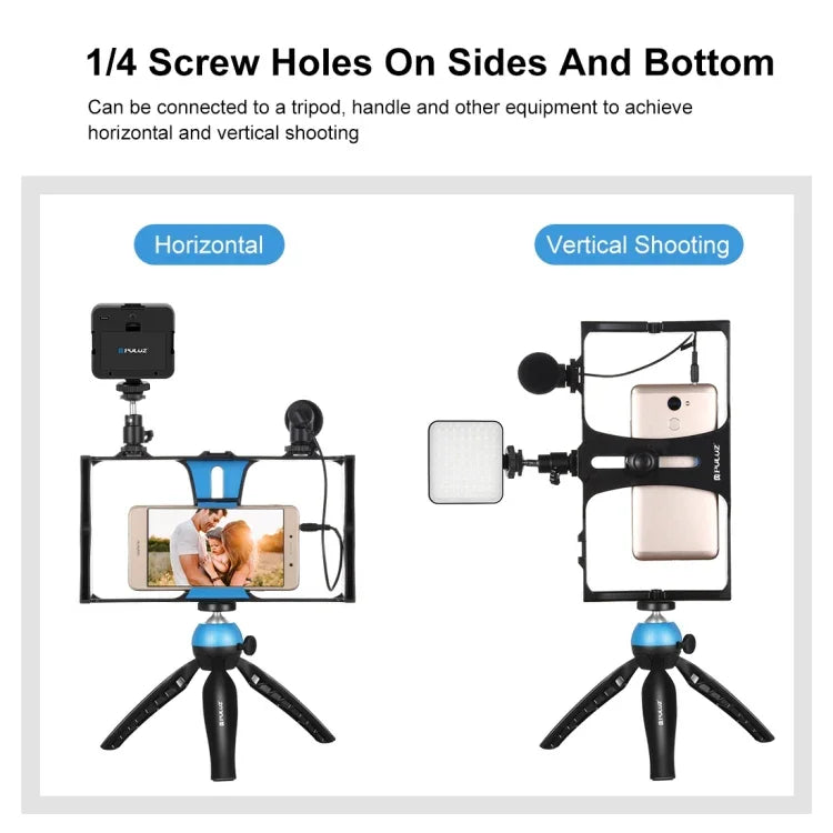 Kit d'éclairage LED 4 en 1 PULUZ pour vlogging, diffusion en direct et selfies, avec microphone, trépied et griffe porte-accessoires, compatible iPhone, Galaxy, Huawei, Xiaomi, HTC, LG, Google et autres smartphones.
