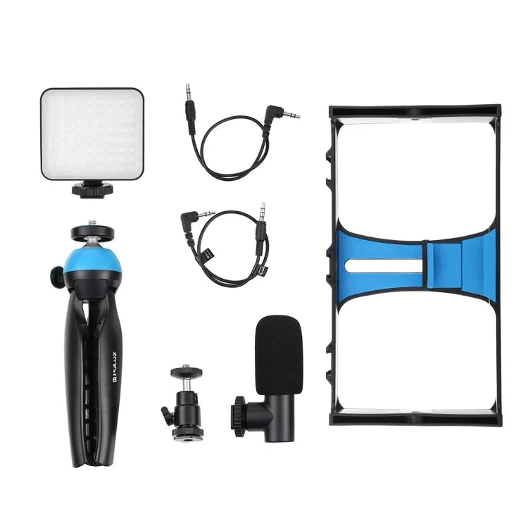 Kit d'éclairage LED 4 en 1 PULUZ pour vlogging, diffusion en direct et selfies, avec microphone, trépied et griffe porte-accessoires, compatible iPhone, Galaxy, Huawei, Xiaomi, HTC, LG, Google et autres smartphones.