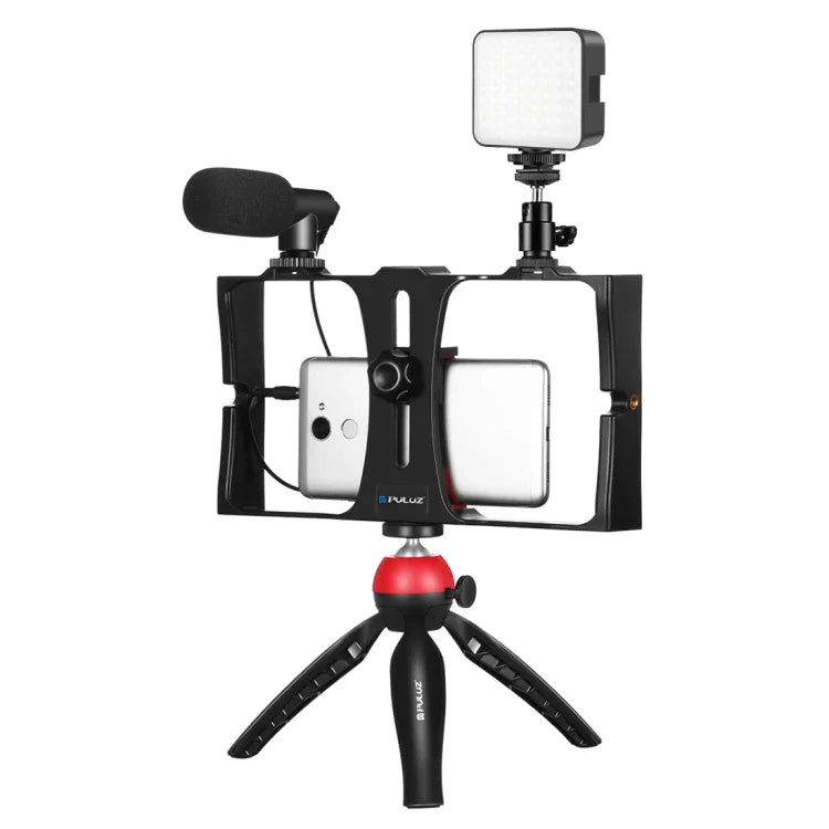 Kit d'éclairage LED 4 en 1 PULUZ pour vlogging, diffusion en direct et selfies, avec microphone, trépied et griffe porte-accessoires, compatible iPhone, Galaxy, Huawei, Xiaomi, HTC, LG, Google et autres smartphones.
