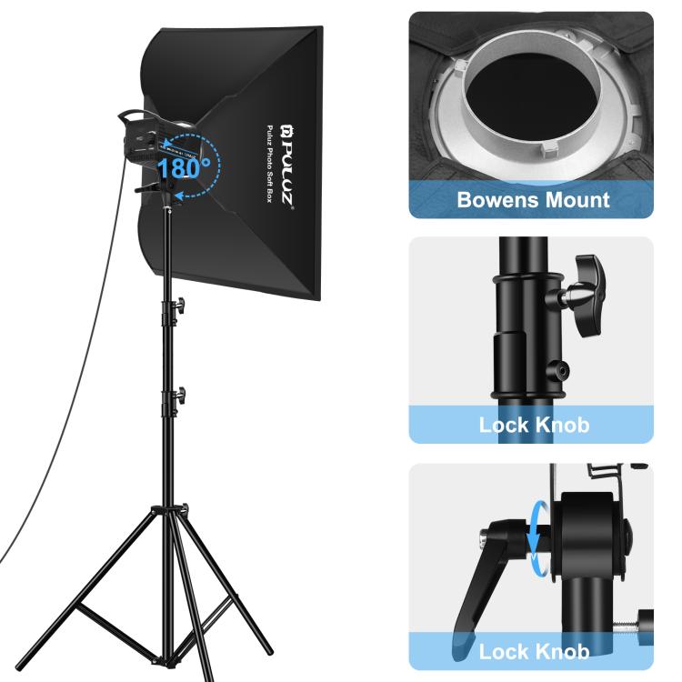 Kit d'éclairage stroboscopique de studio photo PULUZ 120W avec softbox réflecteur & trépied, kit lumière rectangulaire 120W 2700K-6500K prise EU, kit lumière rectangulaire 120W 2700K-6500K prise UK, kit lumière rectangulaire 120W 2700K-6500K prise US
