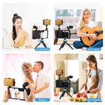 Kit vidéo 4 en 1 PULUZ pour smartphones (iPhone, Galaxy, Huawei, Xiaomi, HTC, LG, Google, etc.) avec microphone, trépied et griffe porte-accessoires. Compatible avec iPhone, Galaxy, Huawei, Xiaomi, HTC, LG, Google et autres.