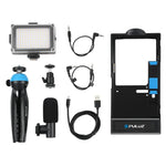 Kit vidéo 4 en 1 PULUZ pour smartphones (iPhone, Galaxy, Huawei, Xiaomi, HTC, LG, Google, etc.) avec microphone, trépied et griffe porte-accessoires. Compatible avec iPhone, Galaxy, Huawei, Xiaomi, HTC, LG, Google et autres.
