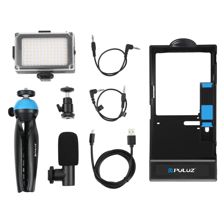 Kit vidéo 4 en 1 PULUZ pour smartphones (iPhone, Galaxy, Huawei, Xiaomi, HTC, LG, Google, etc.) avec microphone, trépied et griffe porte-accessoires. Compatible avec iPhone, Galaxy, Huawei, Xiaomi, HTC, LG, Google et autres.