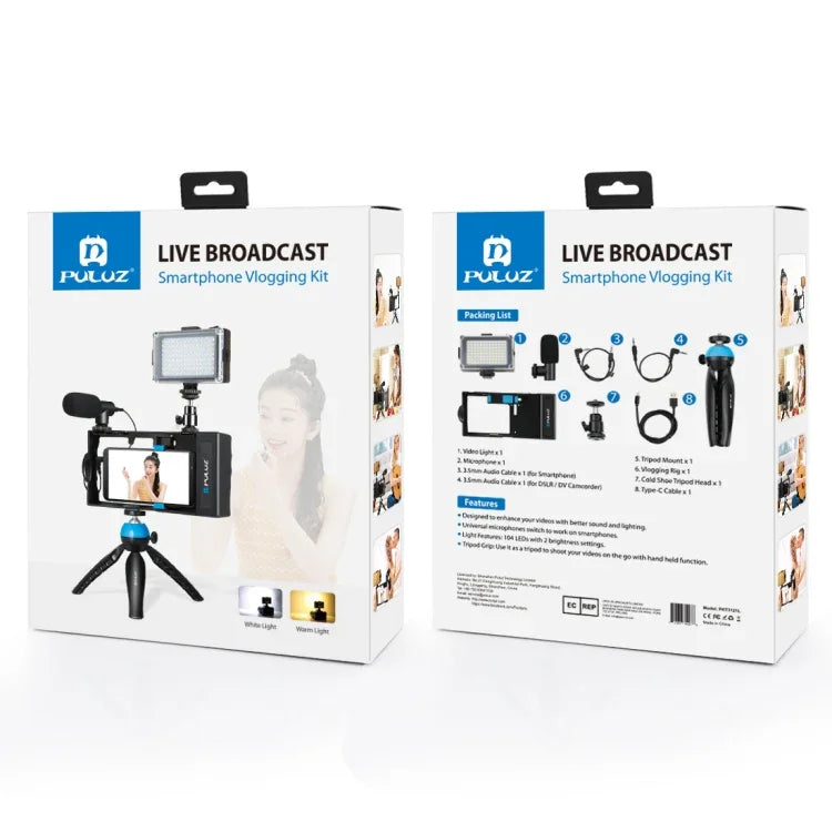 Kit vidéo 4 en 1 PULUZ pour smartphones (iPhone, Galaxy, Huawei, Xiaomi, HTC, LG, Google, etc.) avec microphone, trépied et griffe porte-accessoires. Compatible avec iPhone, Galaxy, Huawei, Xiaomi, HTC, LG, Google et autres.