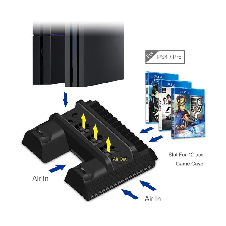 DOBE TP4-882 3 en 1 : Ventilateur de refroidissement pour console de jeux + emplacements de rangement pour jeux + station de charge pour manettes de jeu Sony PS4 / PS4 Pro / PS4 Slim.
