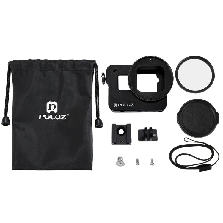 PULUZ Boîtier Coque en alliage d'aluminium CNC Cage de protection avec cadre d'assurance et objectif UV 52 mm pour GoPro HERO (2018) /7 Noir /6 /5, pour HERO6 /5 Cadre de traction, pour HERO5 Cadre de traction