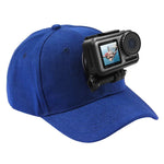 Casquette de baseball PULUZ avec fixation à boucle en J et vis pour GoPro, DJI OSMO Action et autres caméras d'action. Coloris : noir, rouge et bleu foncé.