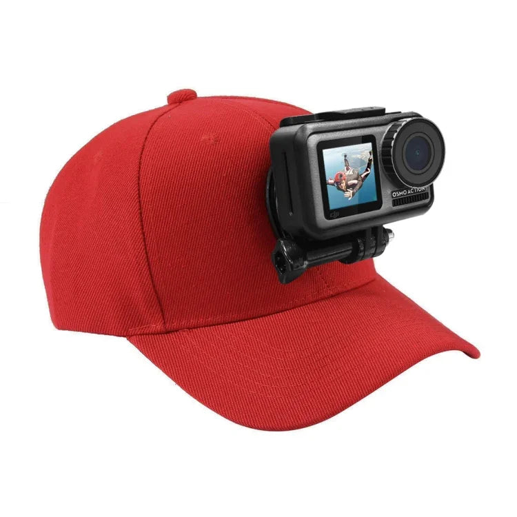 Casquette de baseball PULUZ avec fixation à boucle en J et vis pour GoPro, DJI OSMO Action et autres caméras d'action. Coloris : noir, rouge et bleu foncé.