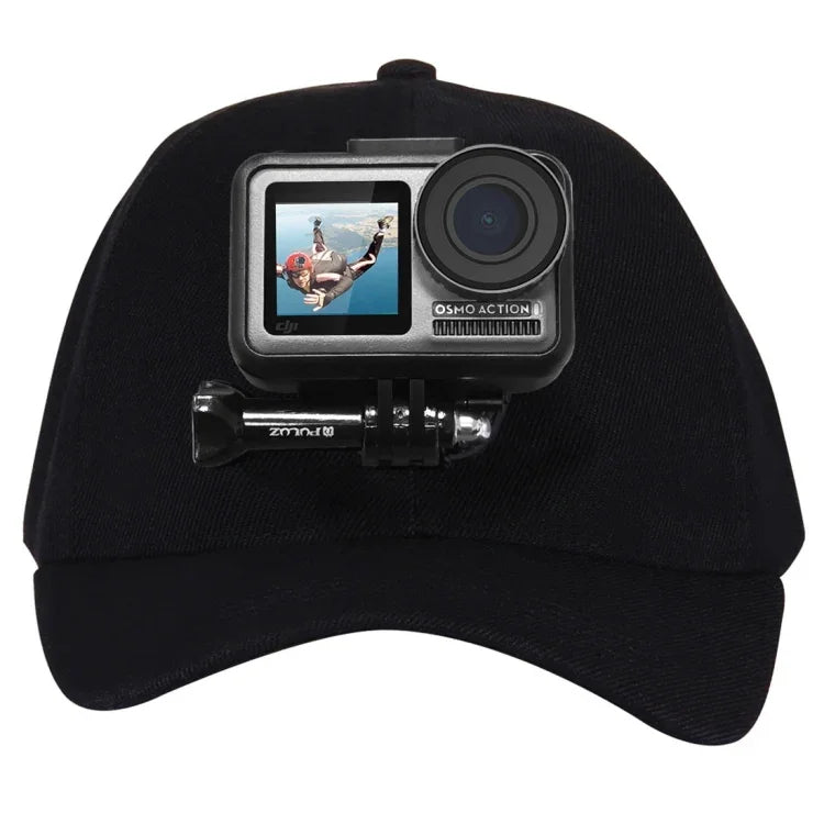 Casquette de baseball PULUZ avec fixation à boucle en J et vis pour GoPro, DJI OSMO Action et autres caméras d'action. Coloris : noir, rouge et bleu foncé.