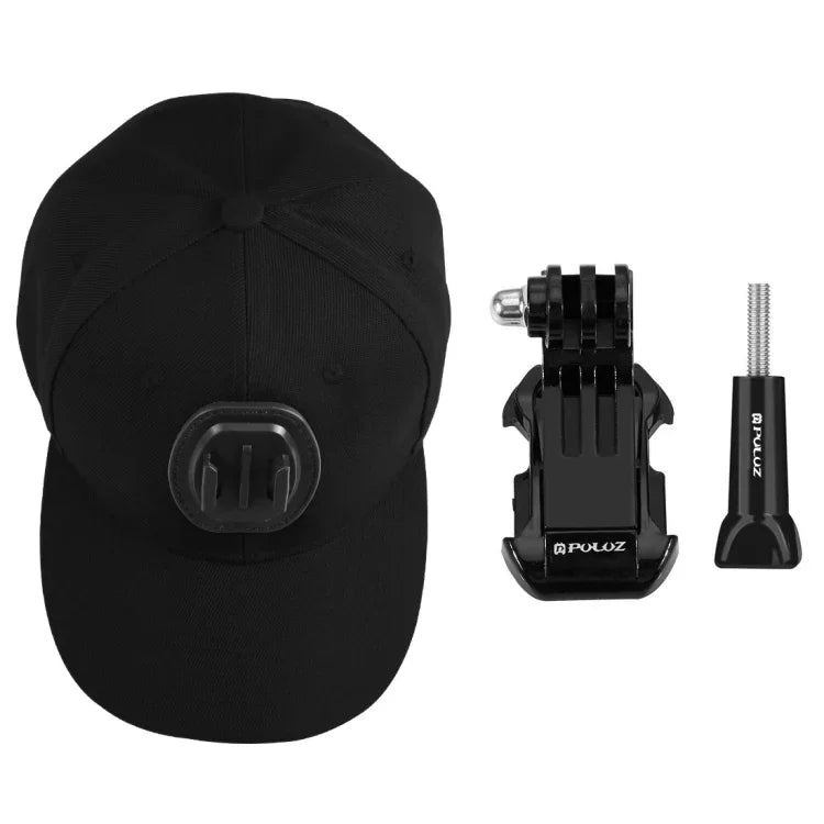 Casquette de baseball PULUZ avec fixation à boucle en J et vis pour GoPro, DJI OSMO Action et autres caméras d'action. Coloris : noir, rouge et bleu foncé.