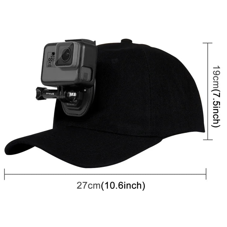 Casquette de baseball PULUZ avec fixation à boucle en J et vis pour GoPro, DJI OSMO Action et autres caméras d'action. Coloris : noir, rouge et bleu foncé.