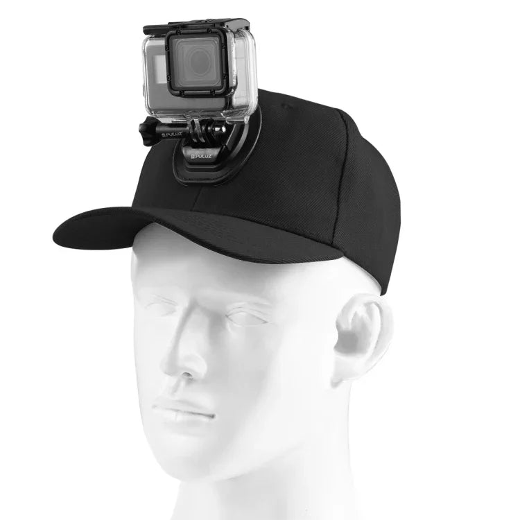 Casquette de baseball PULUZ avec fixation à boucle en J et vis pour GoPro, DJI OSMO Action et autres caméras d'action. Coloris : noir, rouge et bleu foncé.