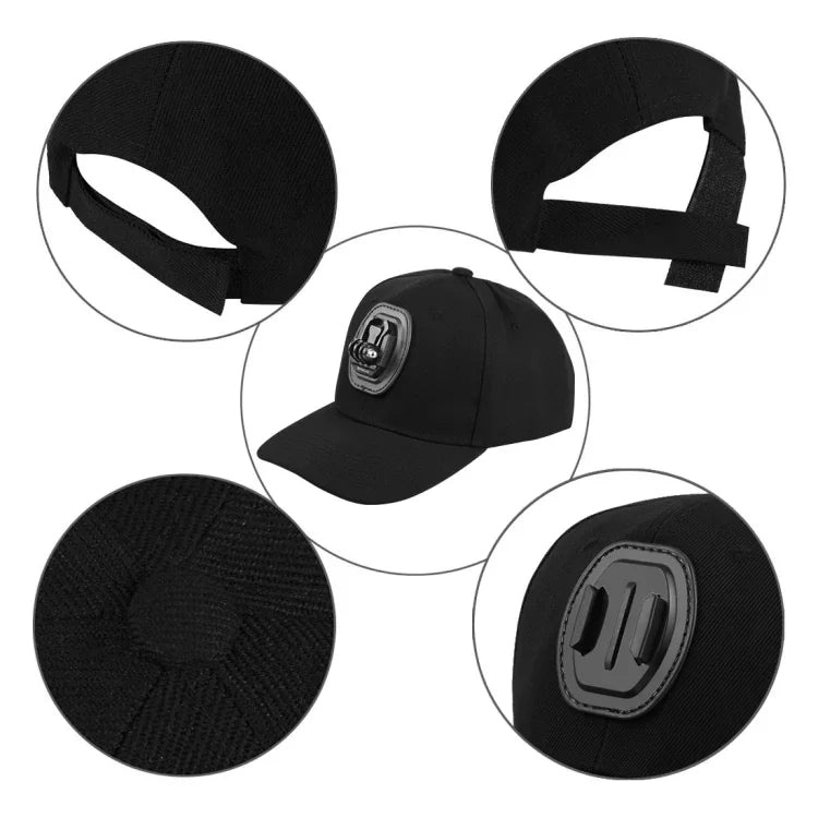 Casquette de baseball PULUZ avec fixation à boucle en J et vis pour GoPro, DJI OSMO Action et autres caméras d'action. Coloris : noir, rouge et bleu foncé.