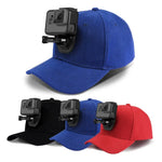 Casquette de baseball PULUZ avec fixation à boucle en J et vis pour GoPro, DJI OSMO Action et autres caméras d'action. Coloris : noir, rouge et bleu foncé.