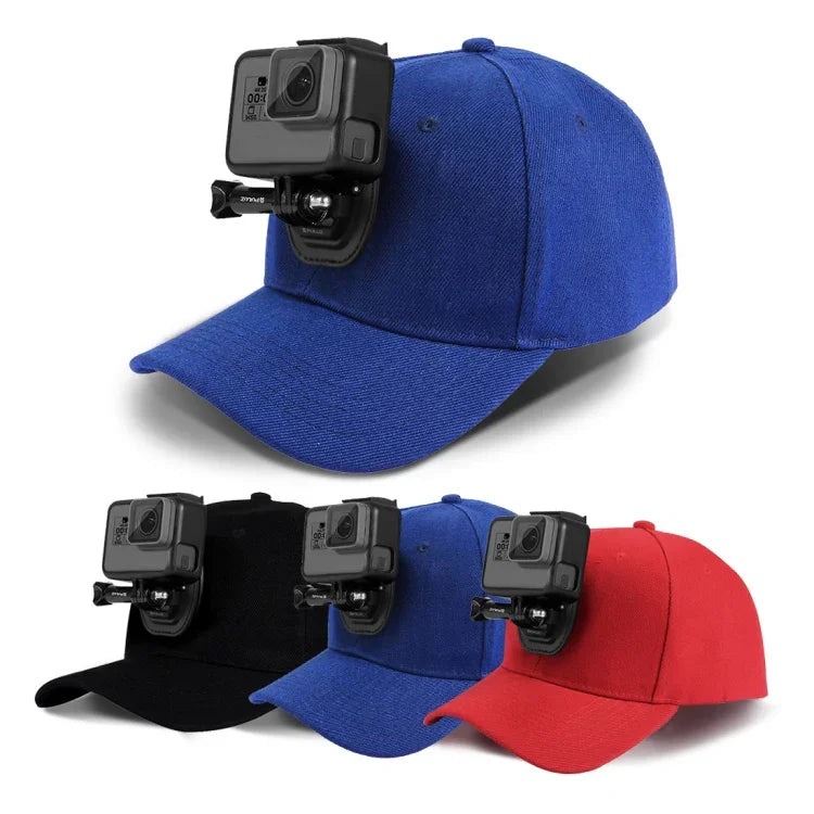 Casquette de baseball PULUZ avec fixation à boucle en J et vis pour GoPro, DJI OSMO Action et autres caméras d'action. Coloris : noir, rouge et bleu foncé.