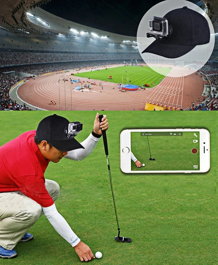 Casquette de baseball PULUZ avec fixation à boucle en J et vis pour GoPro, DJI OSMO Action et autres caméras d'action. Coloris : noir, rouge et bleu foncé.