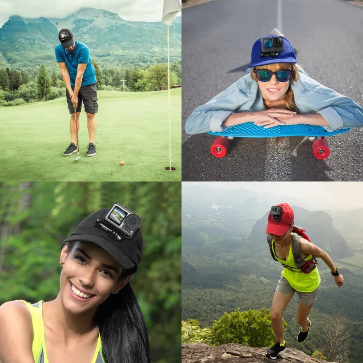Casquette de baseball PULUZ avec fixation à boucle en J et vis pour GoPro, DJI OSMO Action et autres caméras d'action. Coloris : noir, rouge et bleu foncé.
