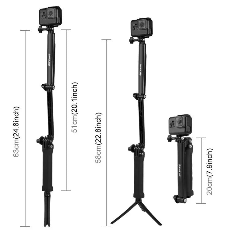 Trépied pliable PULUZ à 3 points d'appui avec perche à selfie et monopode extensible pour GoPro, Insta360 ONE R, DJI Osmo Action et autres caméras d'action, longueur : 20-58 cm