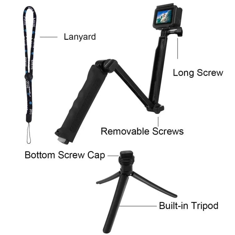 Trépied pliable PULUZ à 3 points d'appui avec perche à selfie et monopode extensible pour GoPro, Insta360 ONE R, DJI Osmo Action et autres caméras d'action, longueur : 20-58 cm