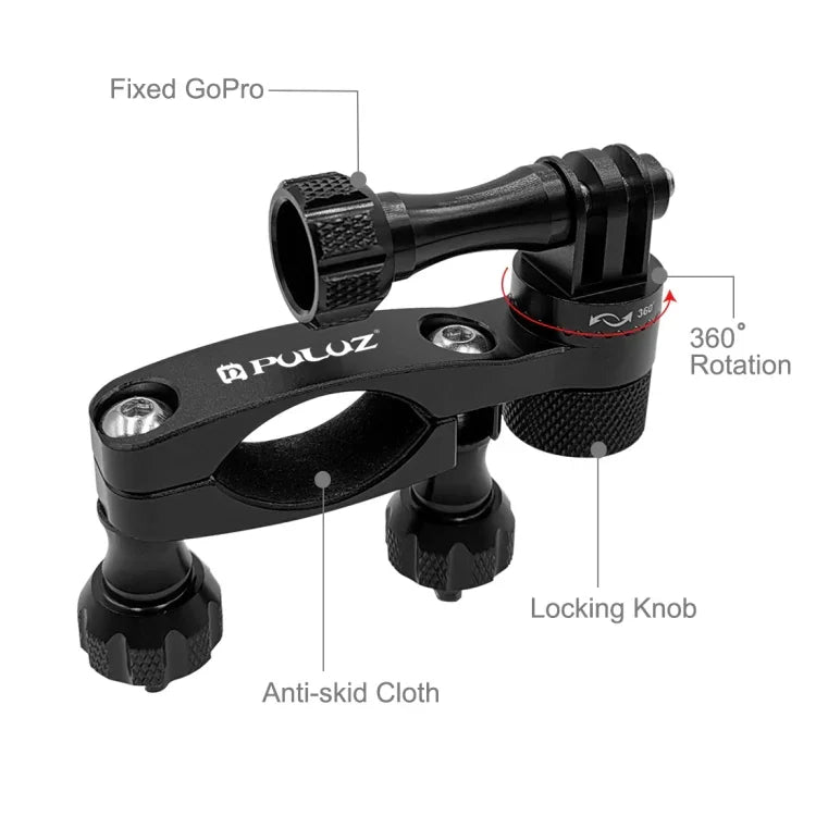 Support adaptateur de guidon de vélo en aluminium à rotation 360° PULUZ avec vis pour GoPro, Insta360, DJI et autres caméras d'action, support adaptateur de guidon 2