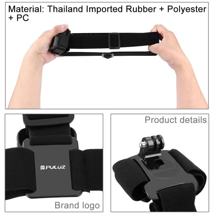 Sangle de tête élastique réglable PULUZ pour GoPro, Insta360 ONE R, DJI Osmo Action et autres caméras d'action