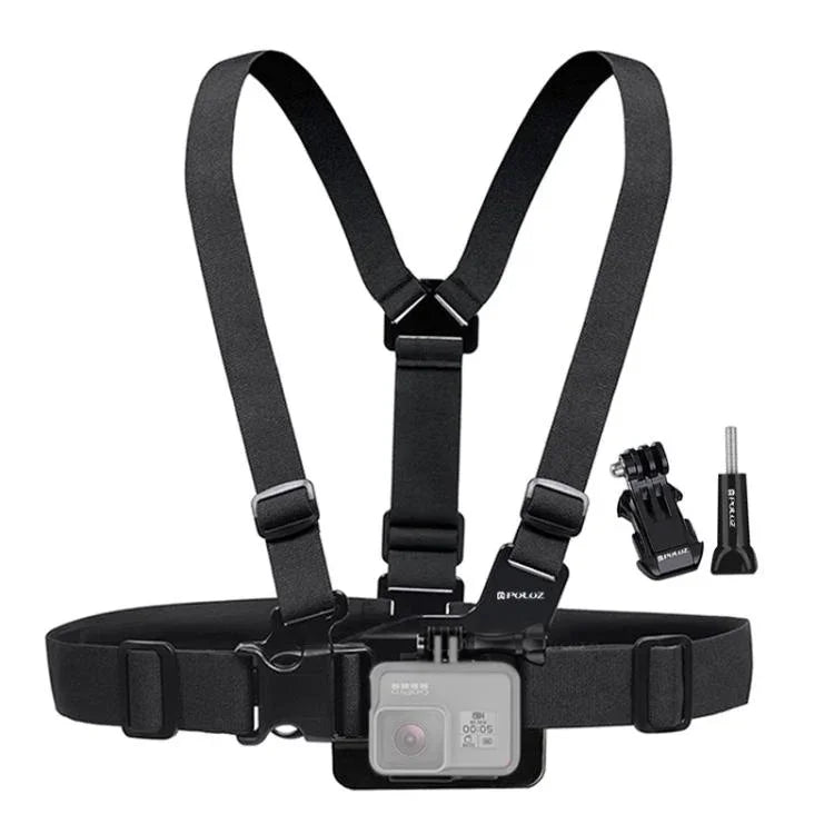Sangle de poitrine réglable PULUZ avec fixation en J et vis longue pour GoPro, Insta360, DJI et autres caméras d'action.