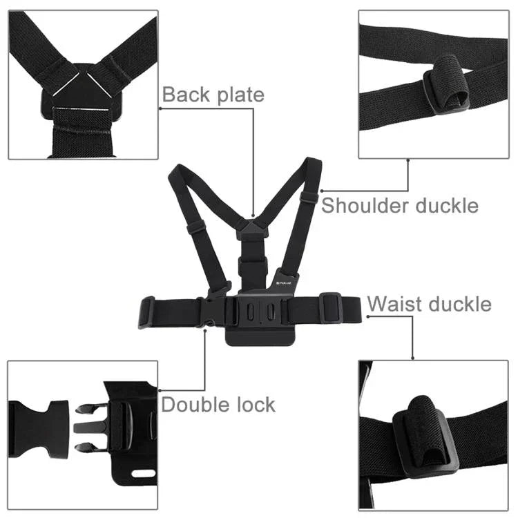 Sangle de poitrine réglable PULUZ avec fixation en J et vis longue pour GoPro, Insta360, DJI et autres caméras d'action.