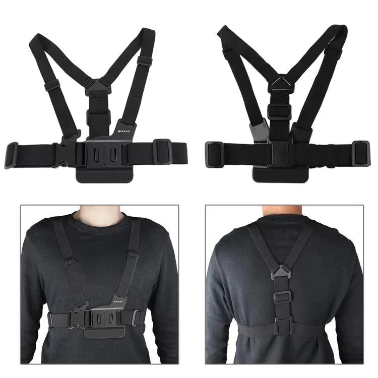 Sangle de poitrine réglable PULUZ avec fixation en J et vis longue pour GoPro, Insta360, DJI et autres caméras d'action.