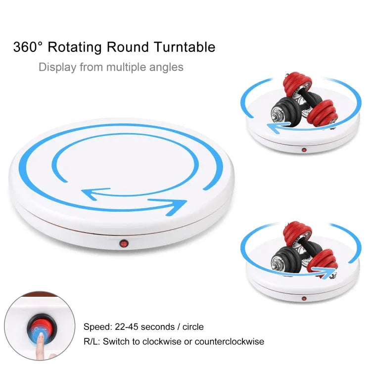 Présentoir rotatif PULUZ 45 cm avec télécommande et vitesse réglable, blanc, charge maximale 100 kg, disponible en plusieurs modèles : prise AU, prise EU, prise UK et prise US.
