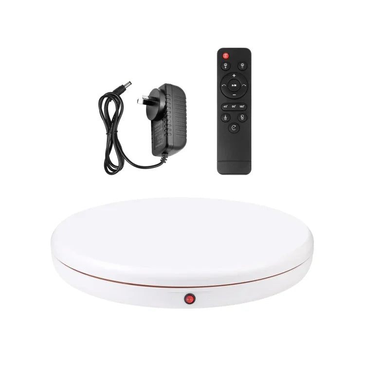Présentoir rotatif PULUZ 45 cm avec télécommande et vitesse réglable, blanc, charge maximale 100 kg, disponible en plusieurs modèles : prise AU, prise EU, prise UK et prise US.