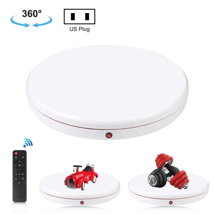 Présentoir rotatif PULUZ 45 cm avec télécommande et vitesse réglable, blanc, charge maximale 100 kg, disponible en plusieurs modèles : prise AU, prise EU, prise UK et prise US.