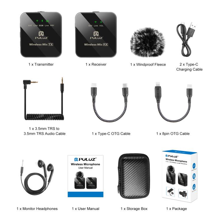 Microphone cravate sans fil PULUZ 1 TX + 1 RX, 1 TX + 1 RX