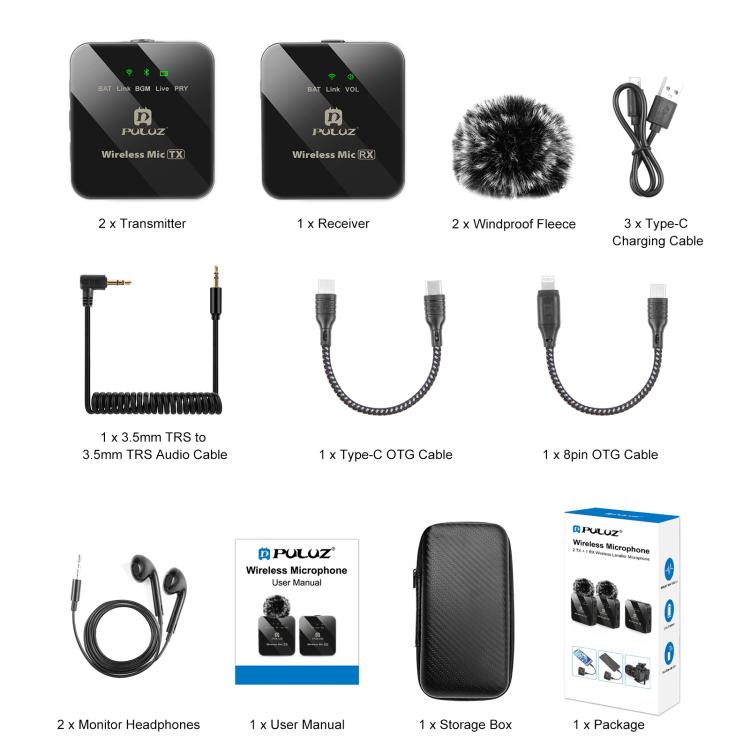 Microphone cravate sans fil PULUZ 2 TX + 1 RX, 2 TX + 1 RX
