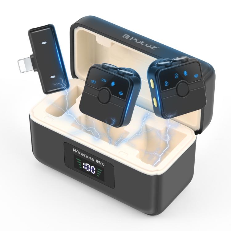 Microphone cravate sans fil magnétique PULUZ avec boîte de charge, récepteur RX 8 broches et 2 microphones TX, 8 broches 2 TX + 1 RX, avec boîte de charge
