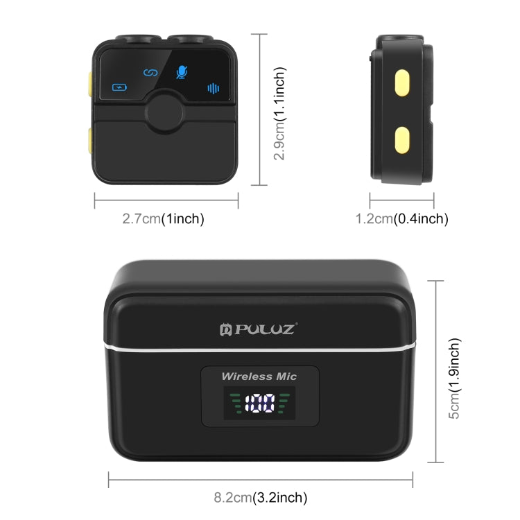 Microphone cravate sans fil magnétique PULUZ avec boîte de charge, récepteur RX 8 broches et 2 microphones TX, 8 broches 2 TX + 1 RX, avec boîte de charge