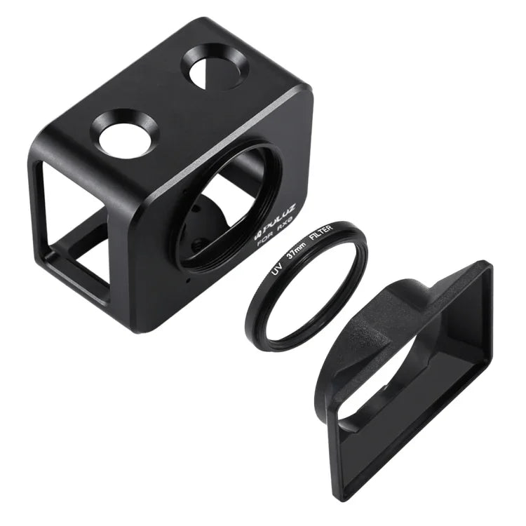 PULUZ pour Sony RX0 Cage de protection en alliage d'aluminium + filtre UV 37 mm + pare-soleil avec vis et tournevis, disponible en noir, or, bleu, rouge et argent.