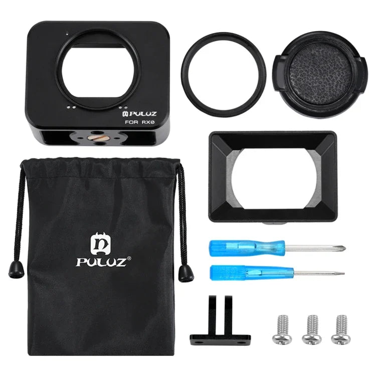PULUZ pour Sony RX0 Cage de protection en alliage d'aluminium + filtre UV 37 mm + pare-soleil avec vis et tournevis, disponible en noir, or, bleu, rouge et argent.