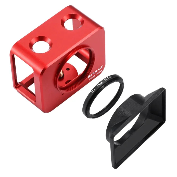 PULUZ pour Sony RX0 Cage de protection en alliage d'aluminium + filtre UV 37 mm + pare-soleil avec vis et tournevis, disponible en noir, or, bleu, rouge et argent.