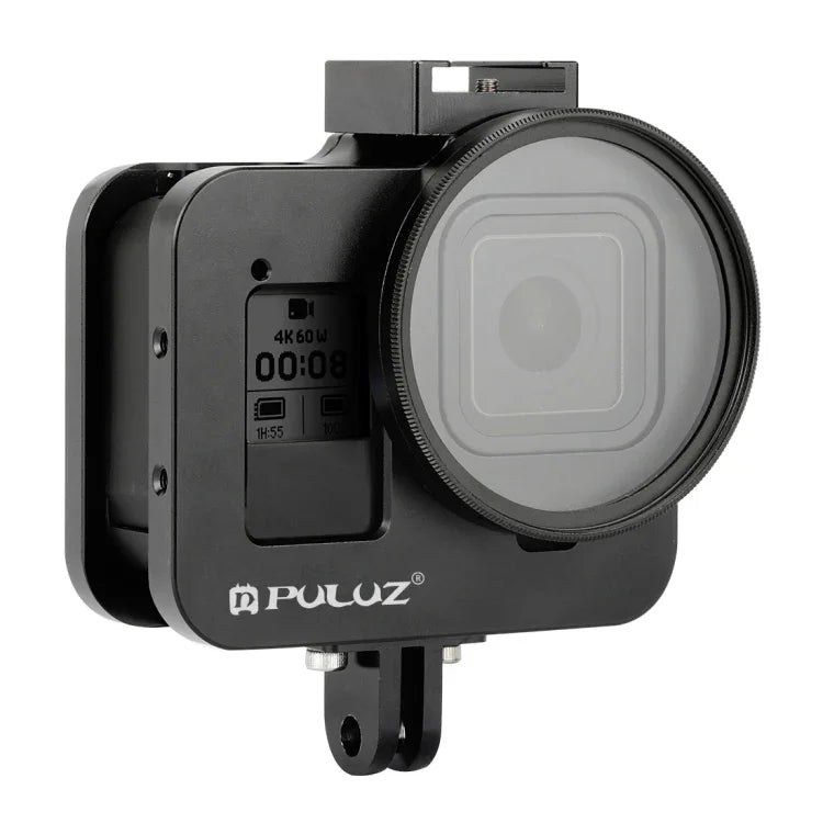 Boîtier de protection PULUZ en alliage d'aluminium usiné CNC avec cadre de sécurité et lentille UV 52 mm pour GoPro HERO8 Black.