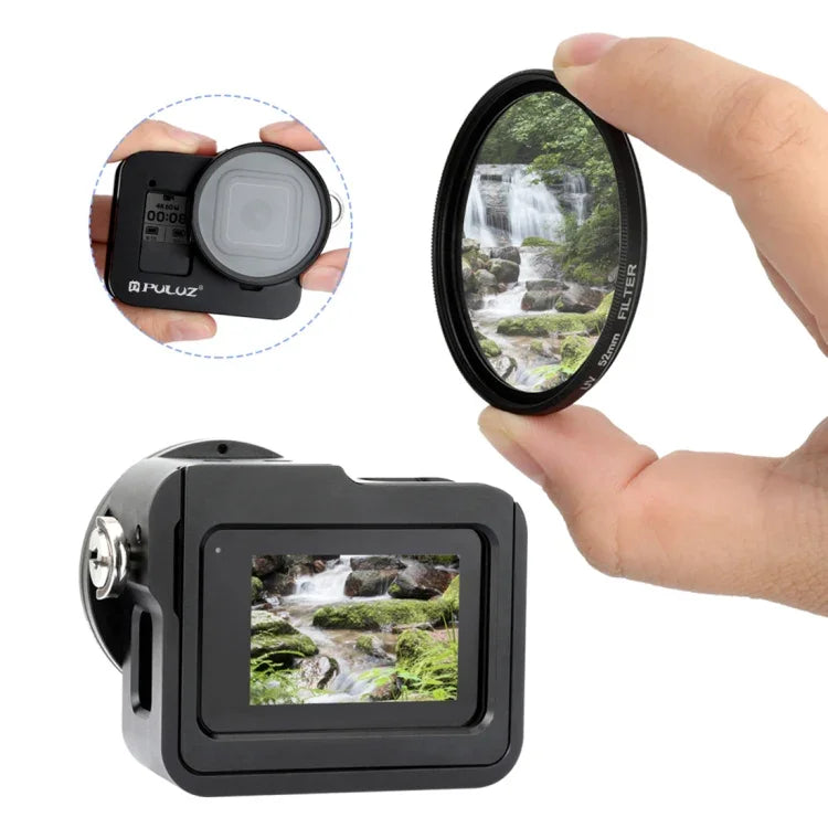 Boîtier de protection PULUZ en alliage d'aluminium usiné CNC avec cadre de sécurité et lentille UV 52 mm pour GoPro HERO8 Black.