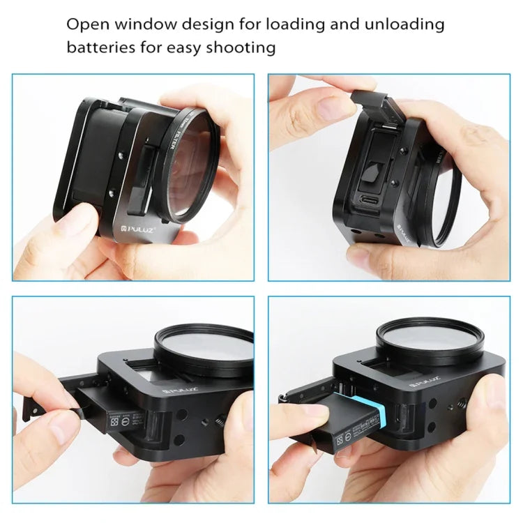 Boîtier de protection PULUZ en alliage d'aluminium usiné CNC avec cadre de sécurité et lentille UV 52 mm pour GoPro HERO8 Black.