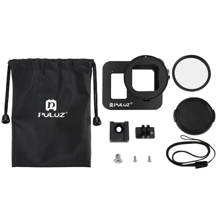 Boîtier de protection PULUZ en alliage d'aluminium usiné CNC avec cadre de sécurité et lentille UV 52 mm pour GoPro HERO8 Black.