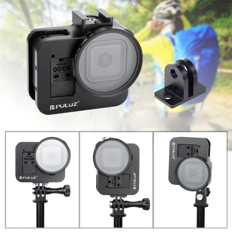 Boîtier de protection PULUZ en alliage d'aluminium usiné CNC avec cadre de sécurité et lentille UV 52 mm pour GoPro HERO8 Black.