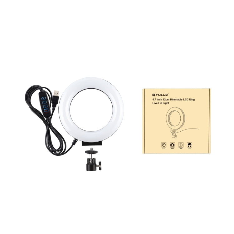 PULUZ anneau LED dimmable USB 3 modes 12 cm 4,7 pouces pour selfie, beauté, vlogging, photographie et vidéo avec tête de trépied, 4,7 pouces avec tête sphérique