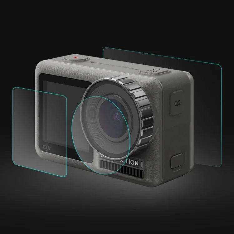 Objectif PULUZ + Film de protection en verre trempé 9H 2.5D pour écran LCD avant et arrière (compatible DJI Osmo Action)