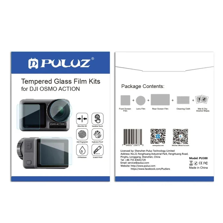 Objectif PULUZ + Film de protection en verre trempé 9H 2.5D pour écran LCD avant et arrière (compatible DJI Osmo Action)
