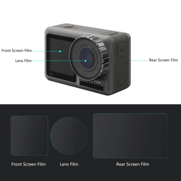 Objectif PULUZ + Film de protection en verre trempé 9H 2.5D pour écran LCD avant et arrière (compatible DJI Osmo Action)