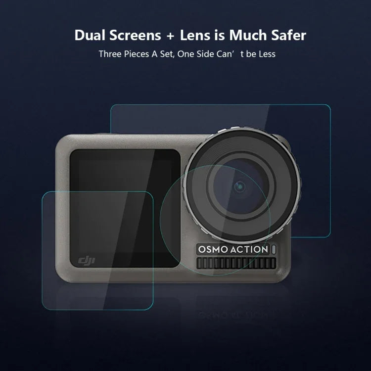 Objectif PULUZ + Film de protection en verre trempé 9H 2.5D pour écran LCD avant et arrière (compatible DJI Osmo Action)